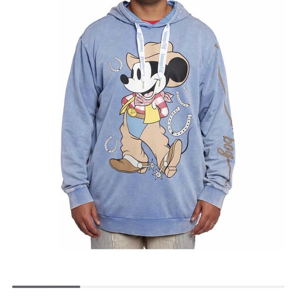 Loungefly Mineral Wash Blue Western Mickey Mouse Hoodie‎ w/Pockets, Med Unisex